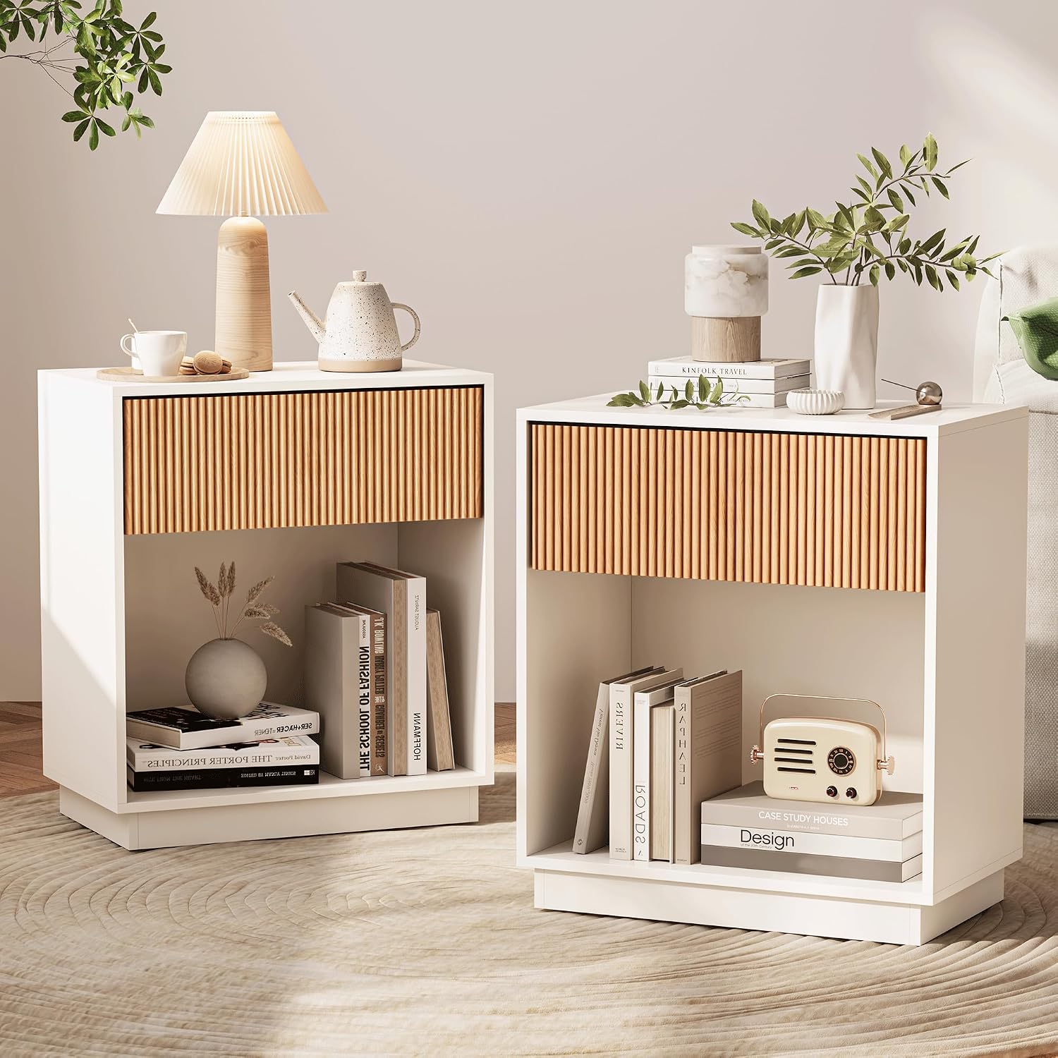 Desk Setup Oak - Oluklu Komodinler 2'li Set Modern Komodin
