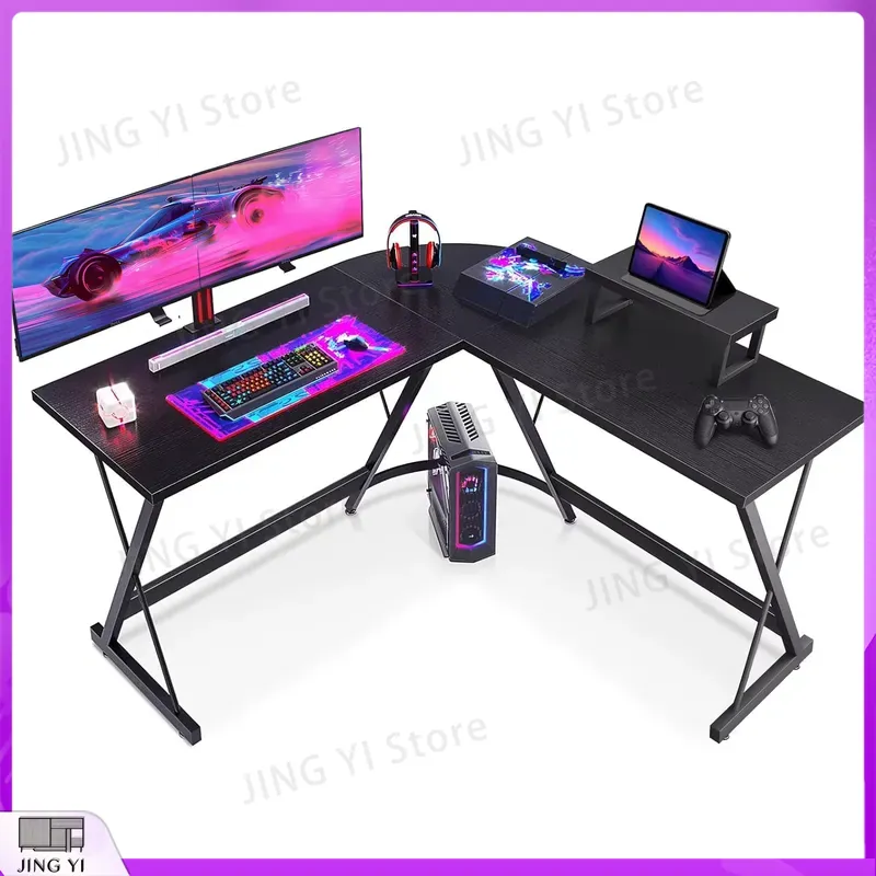 Desk Setup Black And Wood - L Şekilli Oyun Masası Monitör Standlı
